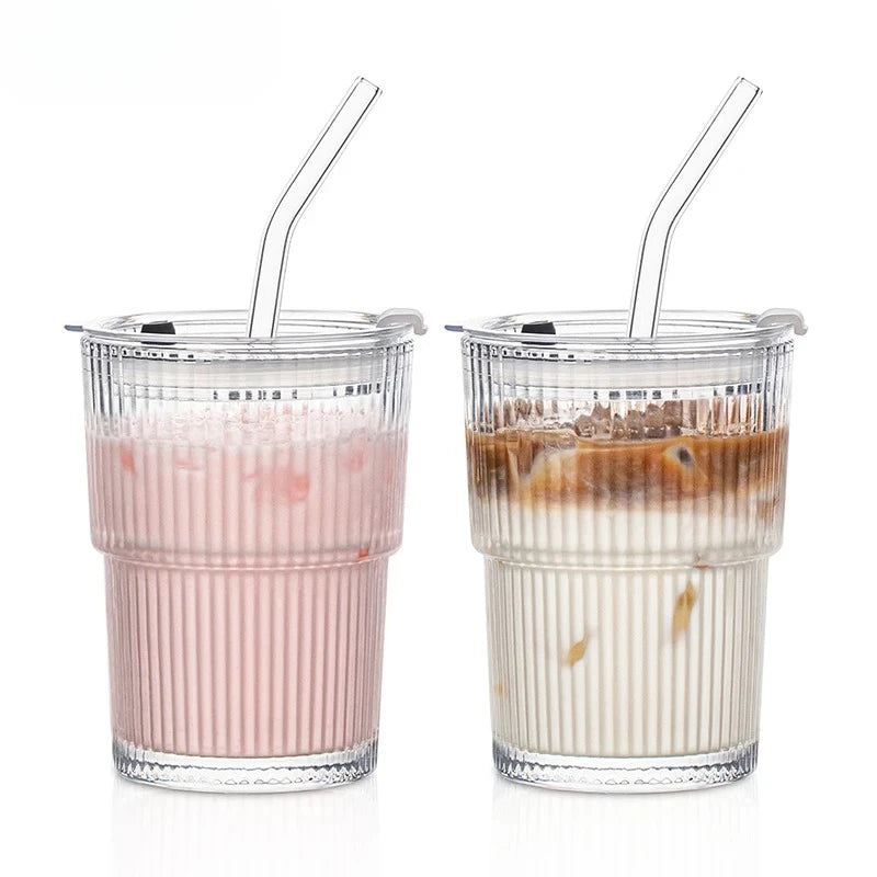450ml Fluted Glass Cup with Lid & Straw – Lead-Free Set Glass Drinkware Set Nixie