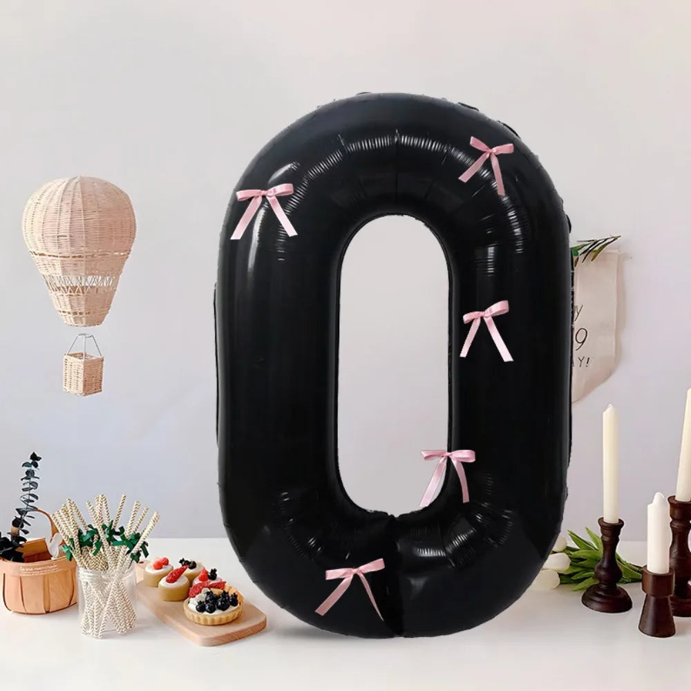32 Inch Black Number Balloon with Pink Bows | Foil Party Decor Party Balloon Decoration Nixie 0 10inch