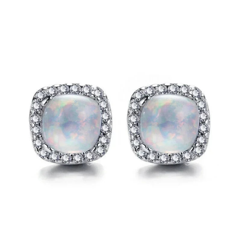 Square Blue Simulated Opal Dangle Earrings | Trendy Women