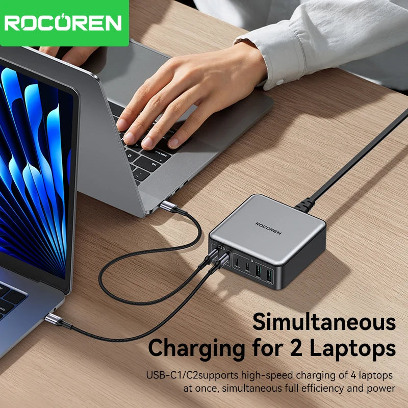 Rocoren 200W GaN Charger 6-Port USB-C PD Fast Charging Station GaN Charging Station Nixie