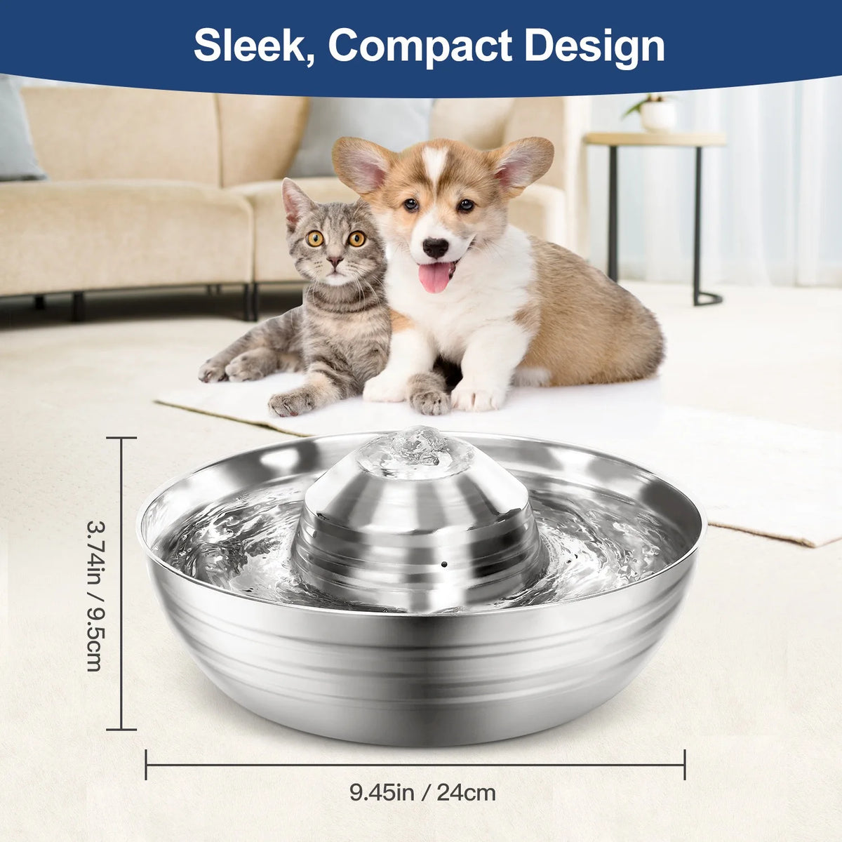 2L Stainless Steel Cat & Dog Water Fountain with Filter Pet Water Fountain Nixie