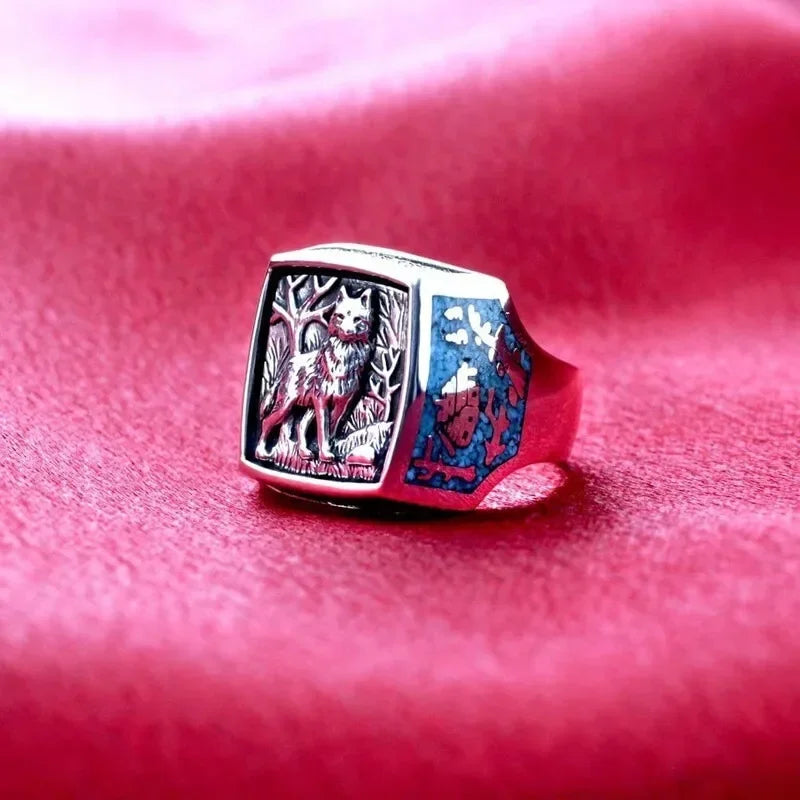 Southwestern Turquoise Wolf Silver Ring – Sizes 6–10 Cocktail Ring Nixie
