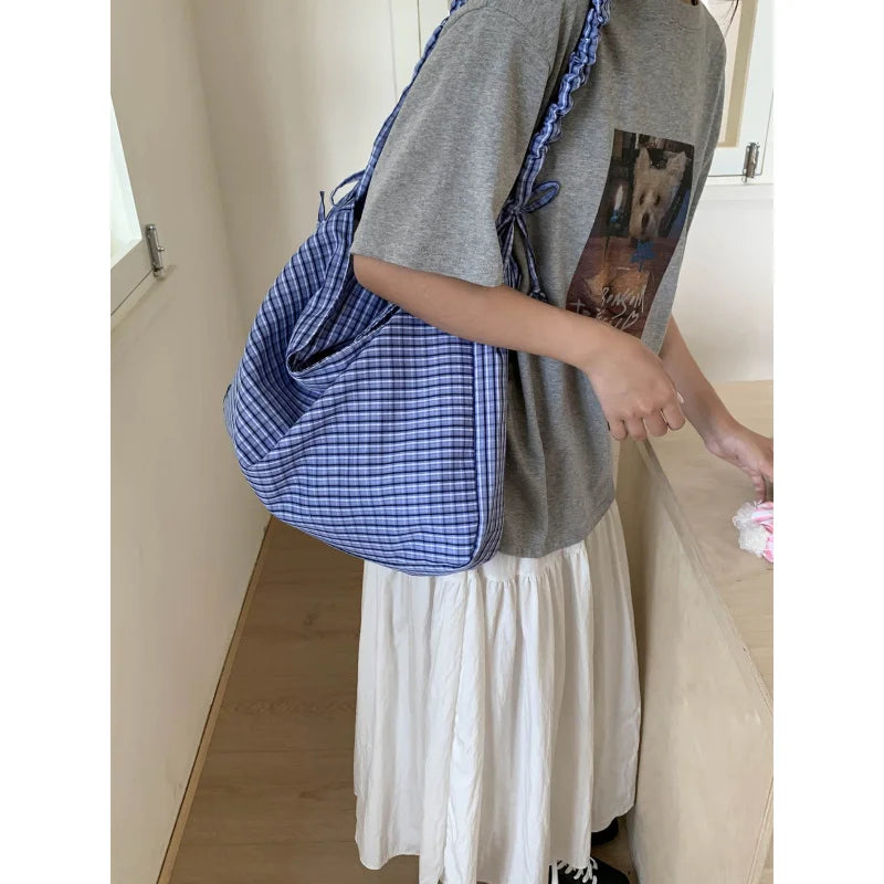 Plaid Canvas Crossbody Bag – Korean Style Commuter Tote Crossbody Bag Nixie