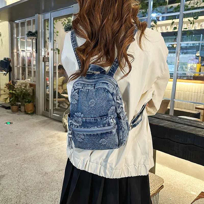 Vintage Japanese Denim Small Backpack – Lightweight Travel Bag Denim Backpack Nixie Blue