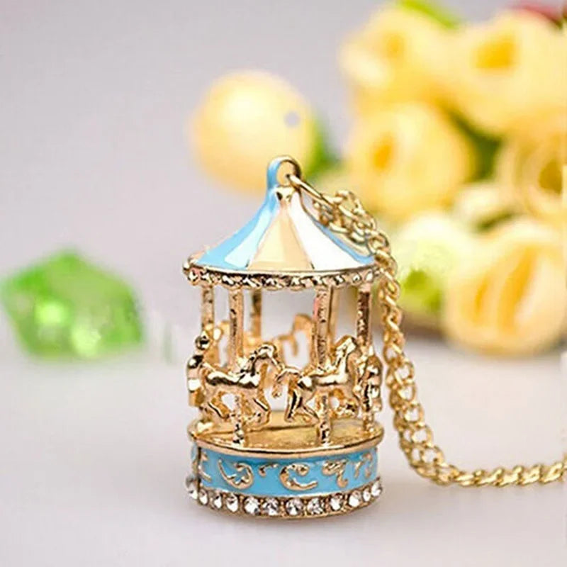 Enamel Carousel Horse Charm Pendant Sweater Necklace
