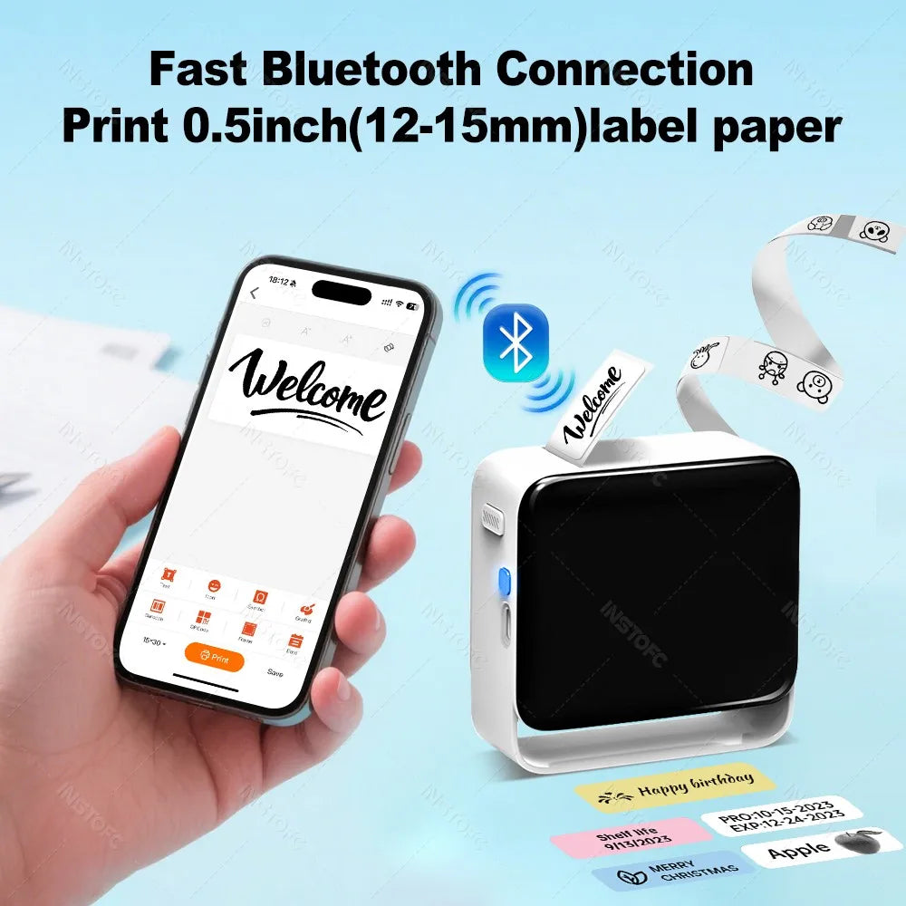 INSTOFC Pocket Bluetooth Thermal Label Printer 12-15mm