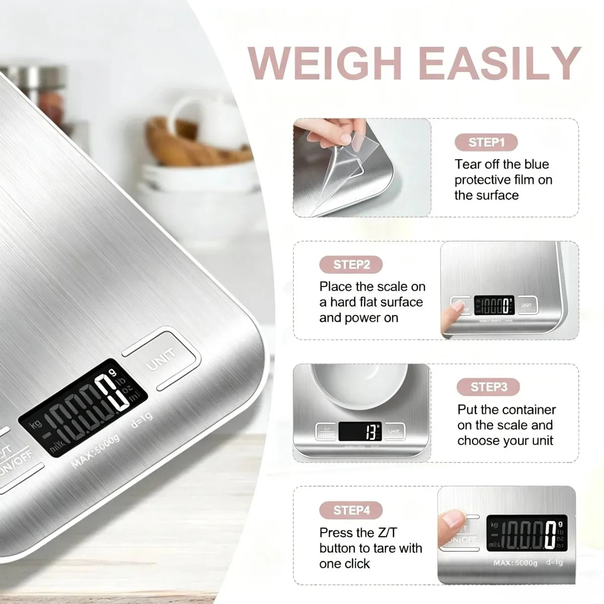 10kg Digital Kitchen Food Scale – Stainless Steel & LCD Tare Digital Kitchen Scale Nixie