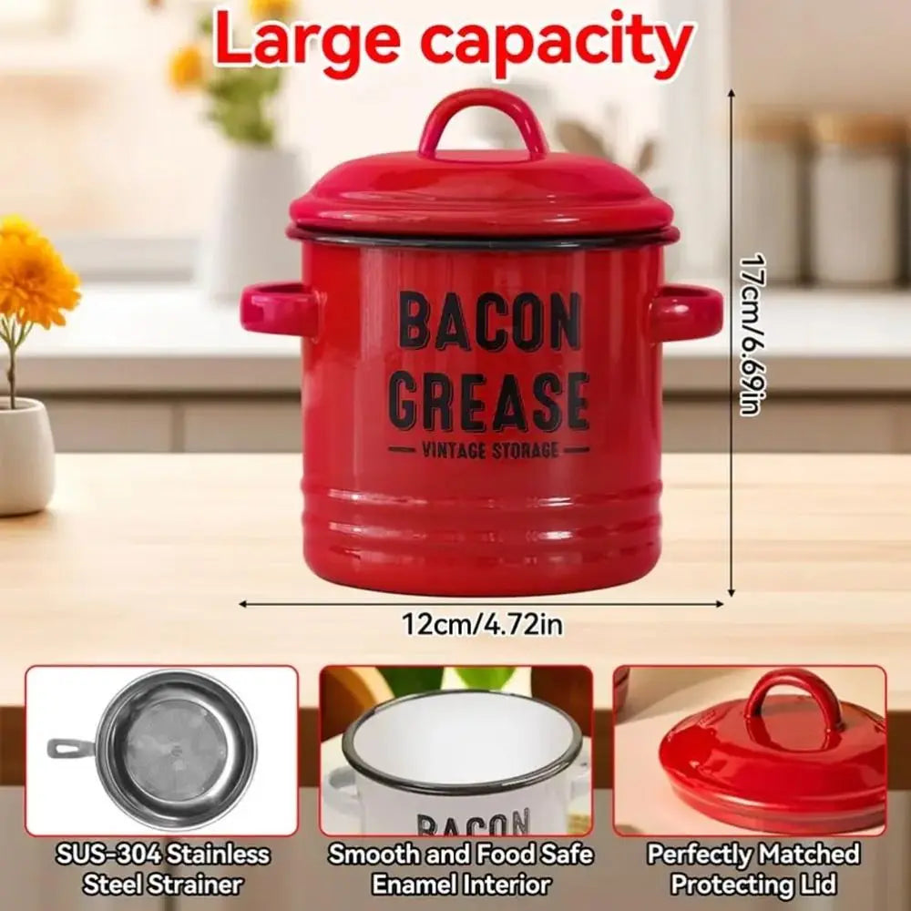 46 Oz Enamel Bacon Grease Container with Strainer & Lid
