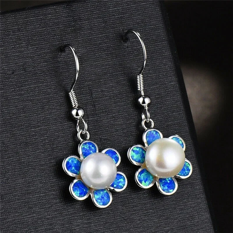 Pearl Dangle Blue Simulated Opal Rhinestone Stud Earrings