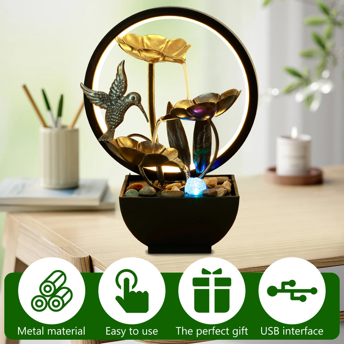 Tabletop Water Fountain with LED Ring Light | Zen Desk Decor