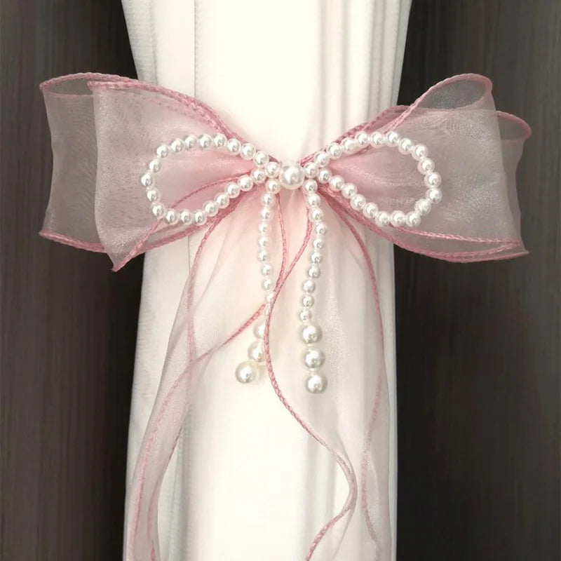 2pcs Silk Bow Curtain Tiebacks – White Decorative Straps