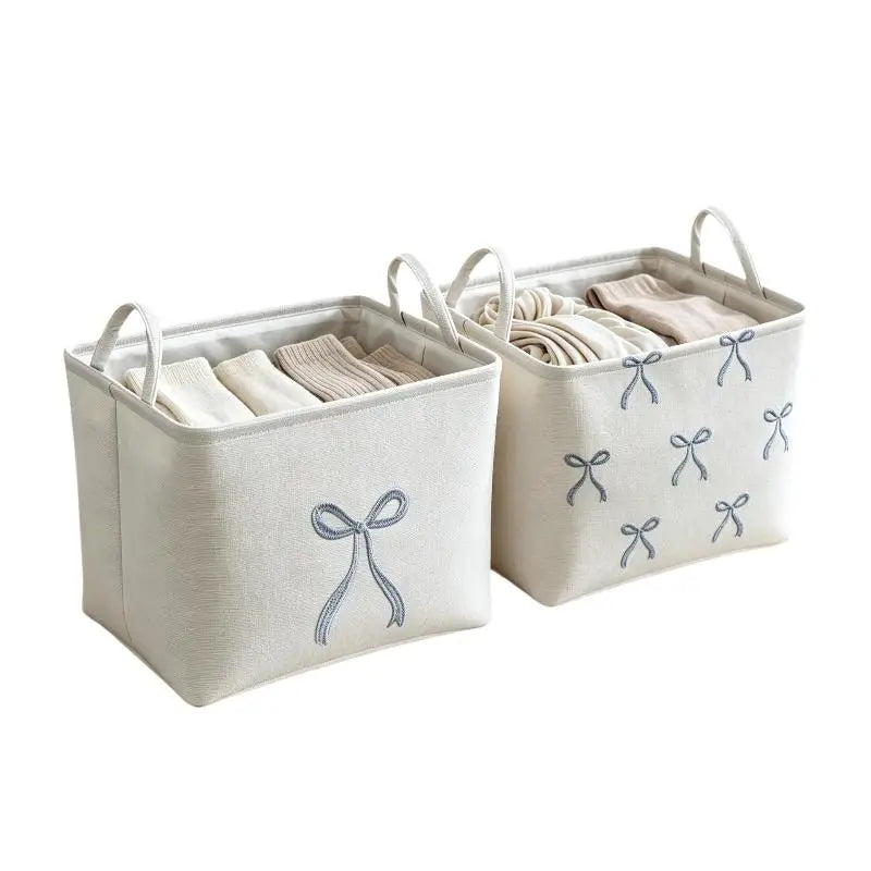 Foldable Fabric Storage Basket with Bow Embroidery & Handles Fabric Storage Basket Nixie