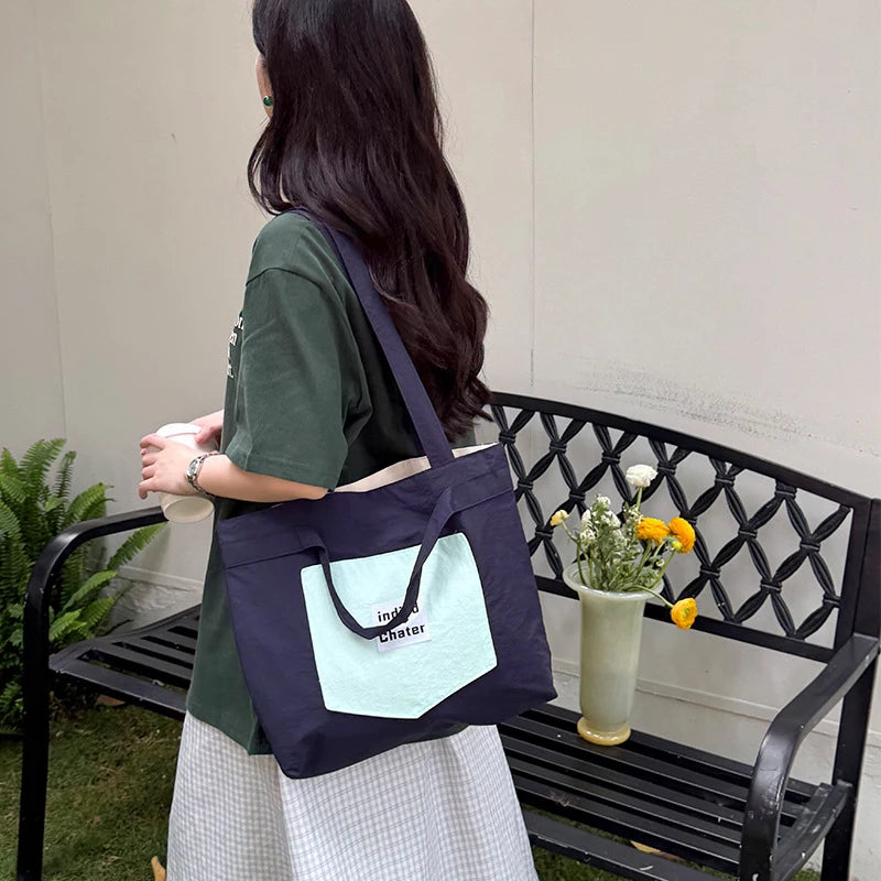 Women's Nylon Color Block Tote Bag | Korean Style Shoulder Bag Nylon Tote Bag Nixie