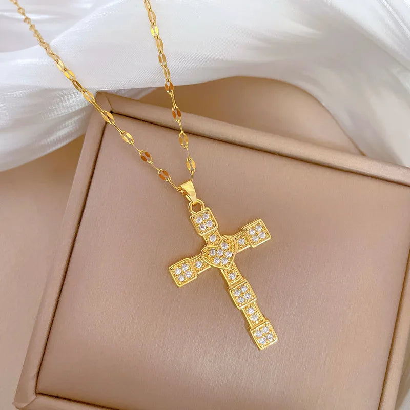 Women's Gold Cross Pendant Necklace | Stainless Steel Choker Cross Pendant Necklace Nixie