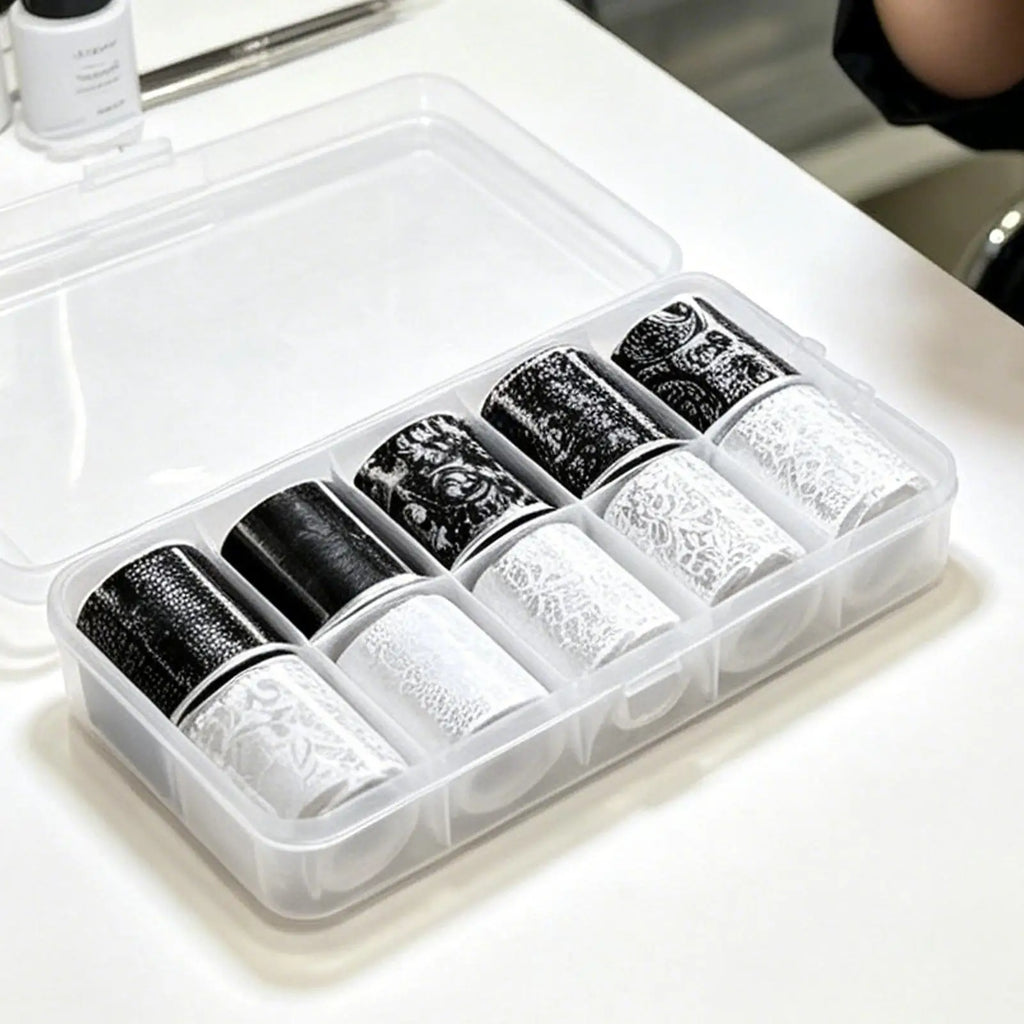 Lace Nail Art Foils Set – 10pc Black & White Stickers + Storage Box Nail Art Stickers Nixie