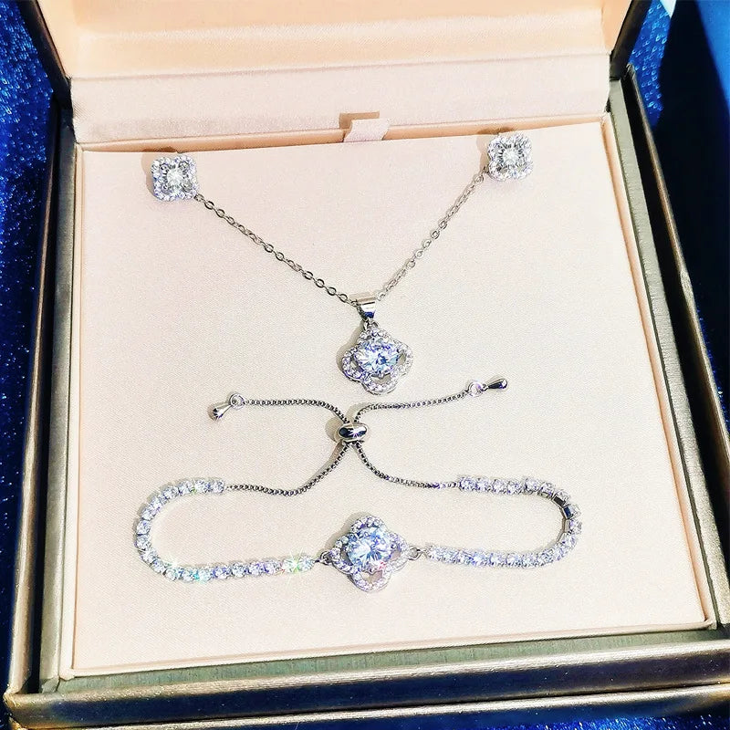 Hollow Flower CZ Jewelry Set – Necklace, Earrings & Bracelet