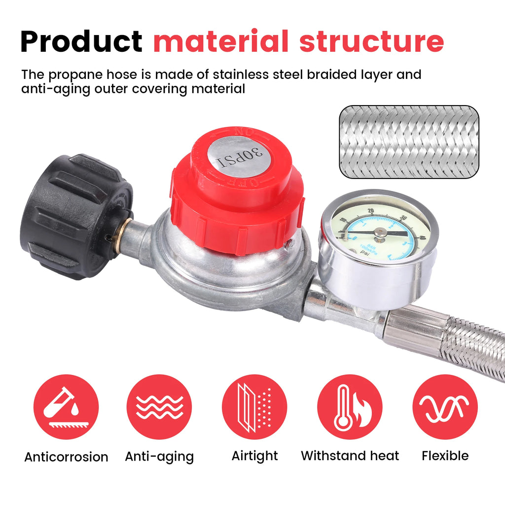 Adjustable Propane Regulator Hose with Gauge – 5FT Braided Propane Regulator Hose Nixie