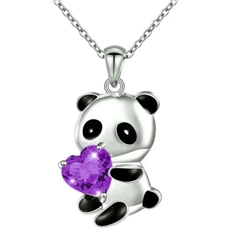 Panda Bear Heart Charm Necklace – Purple Glass Pendant Pendant Necklace Nixie