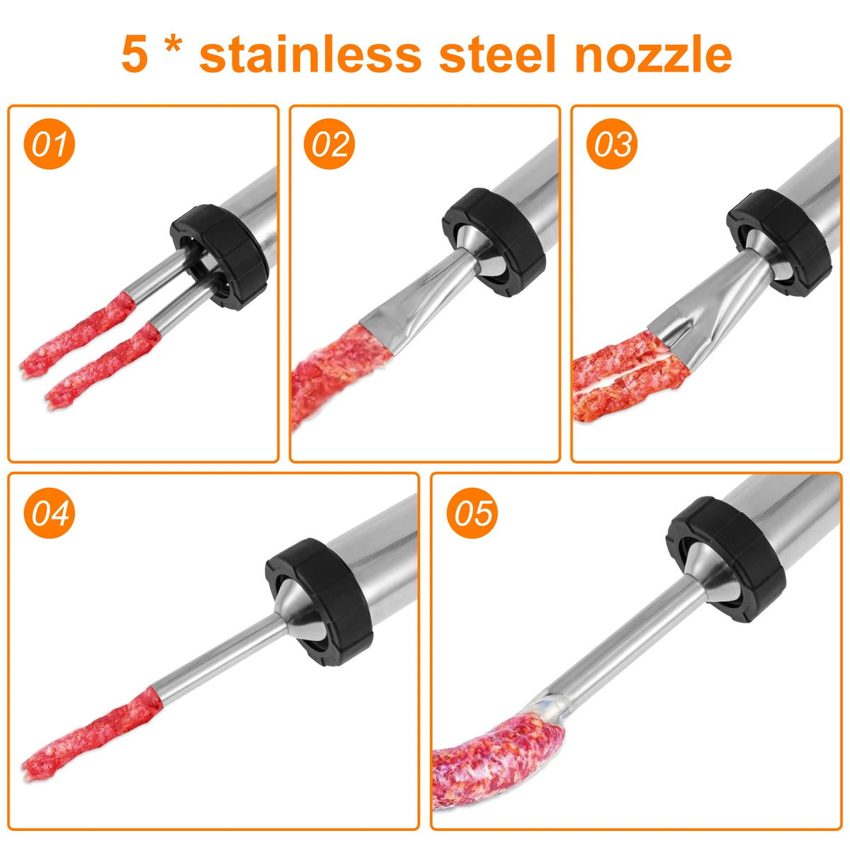Stainless Steel Sausage Stuffer & Jerky Gun Kit – 5 Nozzles Sausage Stuffer Kit Nixie
