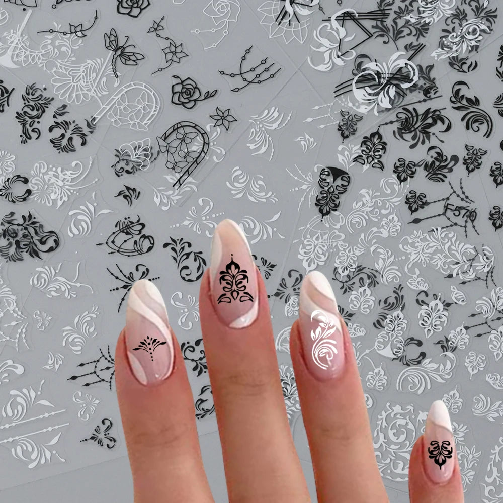 6-Piece 3D Lace Floral Nail Art Stickers – Black & White Decals Nail Art Stickers Nixie