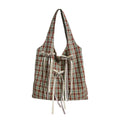 Korean Academia Plaid Bow Tote Bag – Large Canvas Shoulder Bag Canvas Tote Bag Nixie BB-1713 Green Plaid