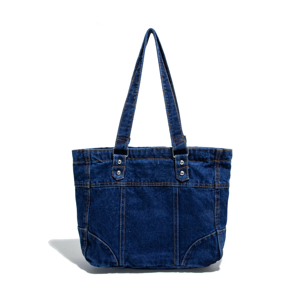 Retro Washed Denim Large-Capacity Shoulder Tote Bag | Women Denim Shoulder Tote Nixie Dark blue