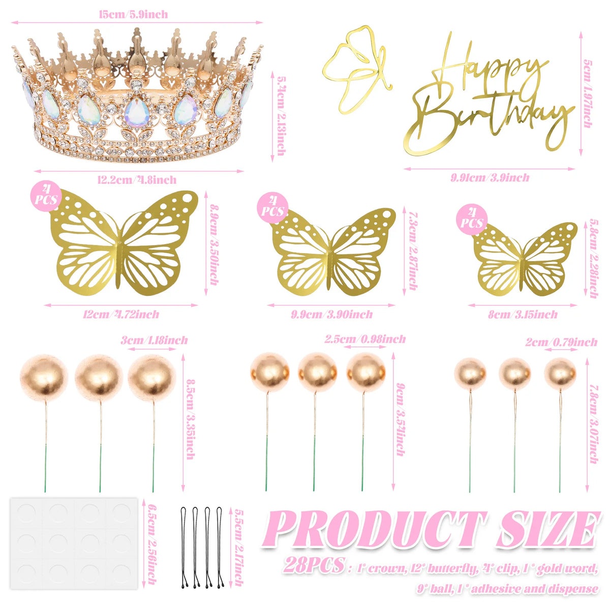 Crown Birthday Cake Topper Set – 3D Decor, Balls & Acrylic Topper
