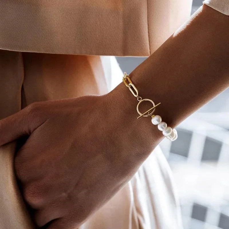 2pcs Vintage Pearl Metal Bead Strand Bracelets – Unisex Set Strand Bracelet Set Nixie Picture paragraph Gold Silver