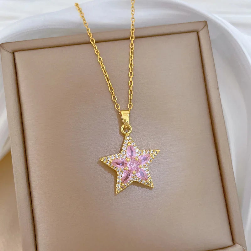 Luxury Pink Star Pendant Choker Necklace – Stainless Steel Pendant Necklace Nixie