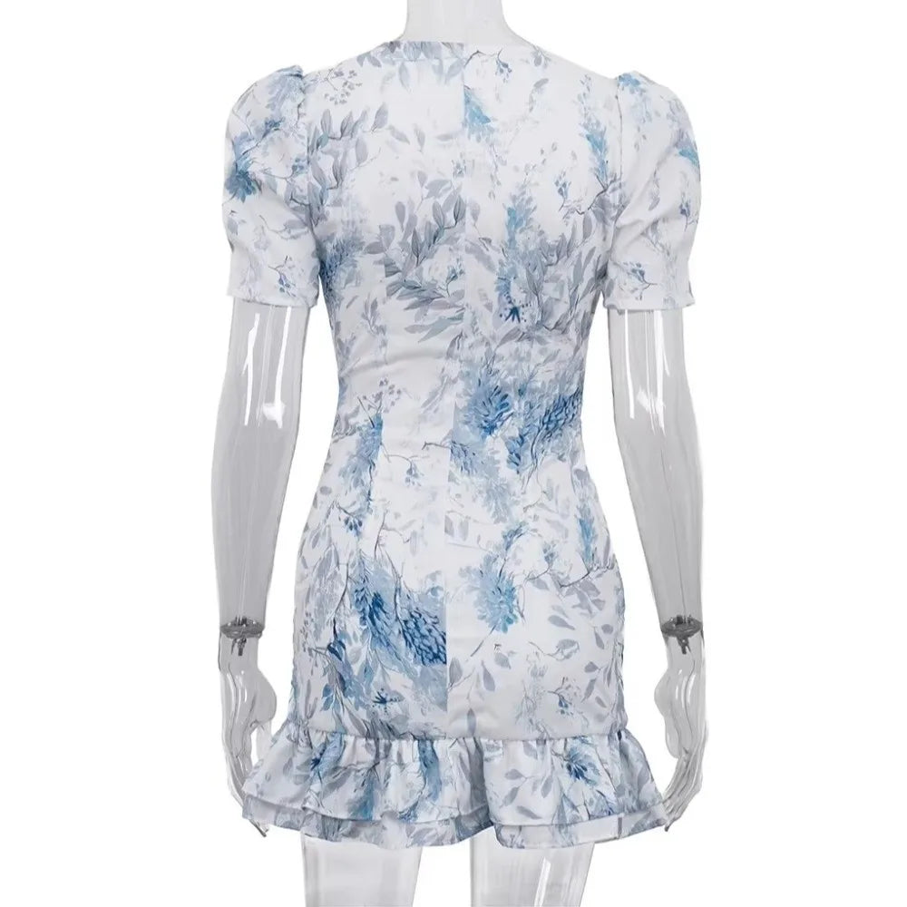 Asymmetric Ruffle V-Neck Puff Sleeve Mini Dress – Summer Mini Ruffle Dress Nixie