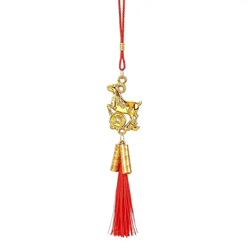 Golden Chinese Zodiac Goat Ornament with Red Tassel Lucky Charm