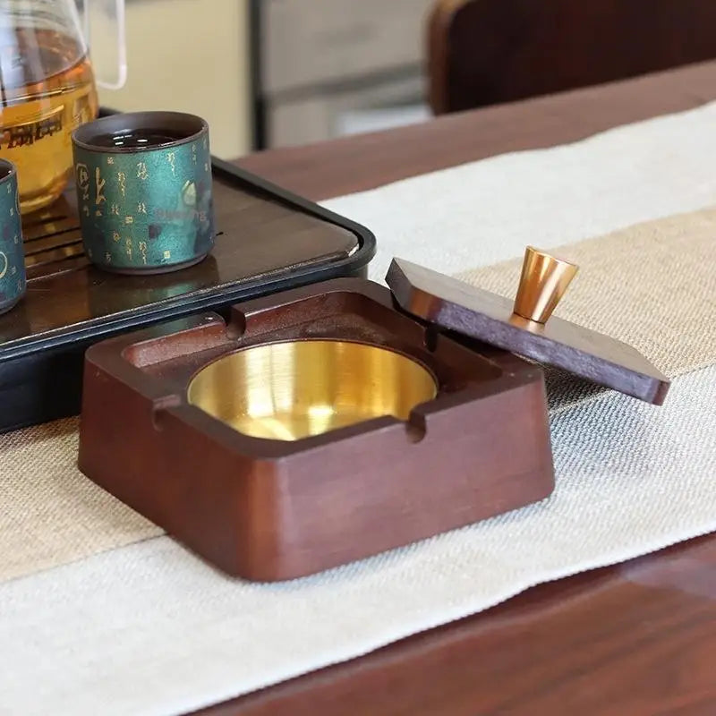 Natural Wood Ashtray with Lid – Iron Core, Square & Circle Wood Ashtray Nixie