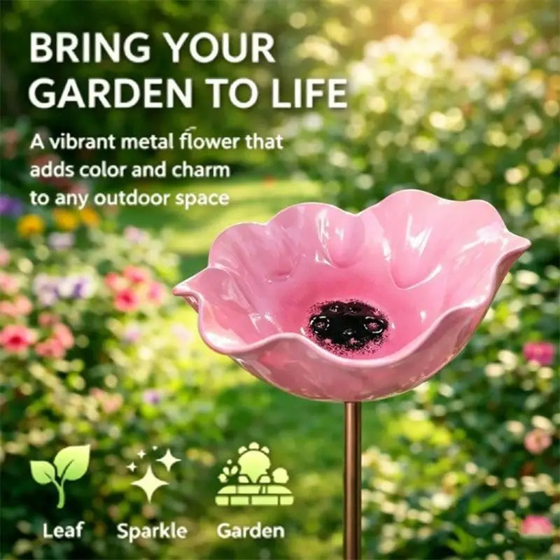 Handmade Metal Flower Garden Stake Bird Bath & Waterer Garden Stake Decor Nixie Pink