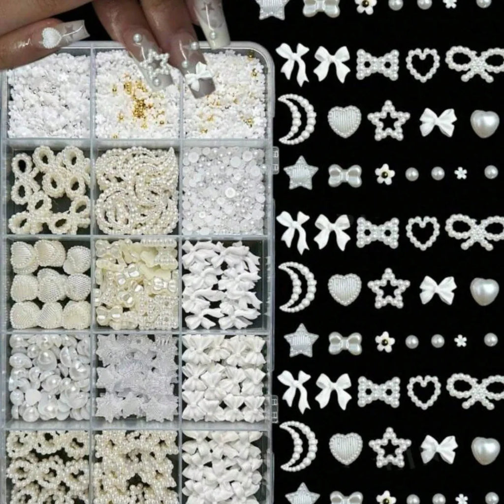 3D Resin Bow Nail Charms 12-Grid Set with Rhinestones & Tweezer Nail Art Charms Nixie black