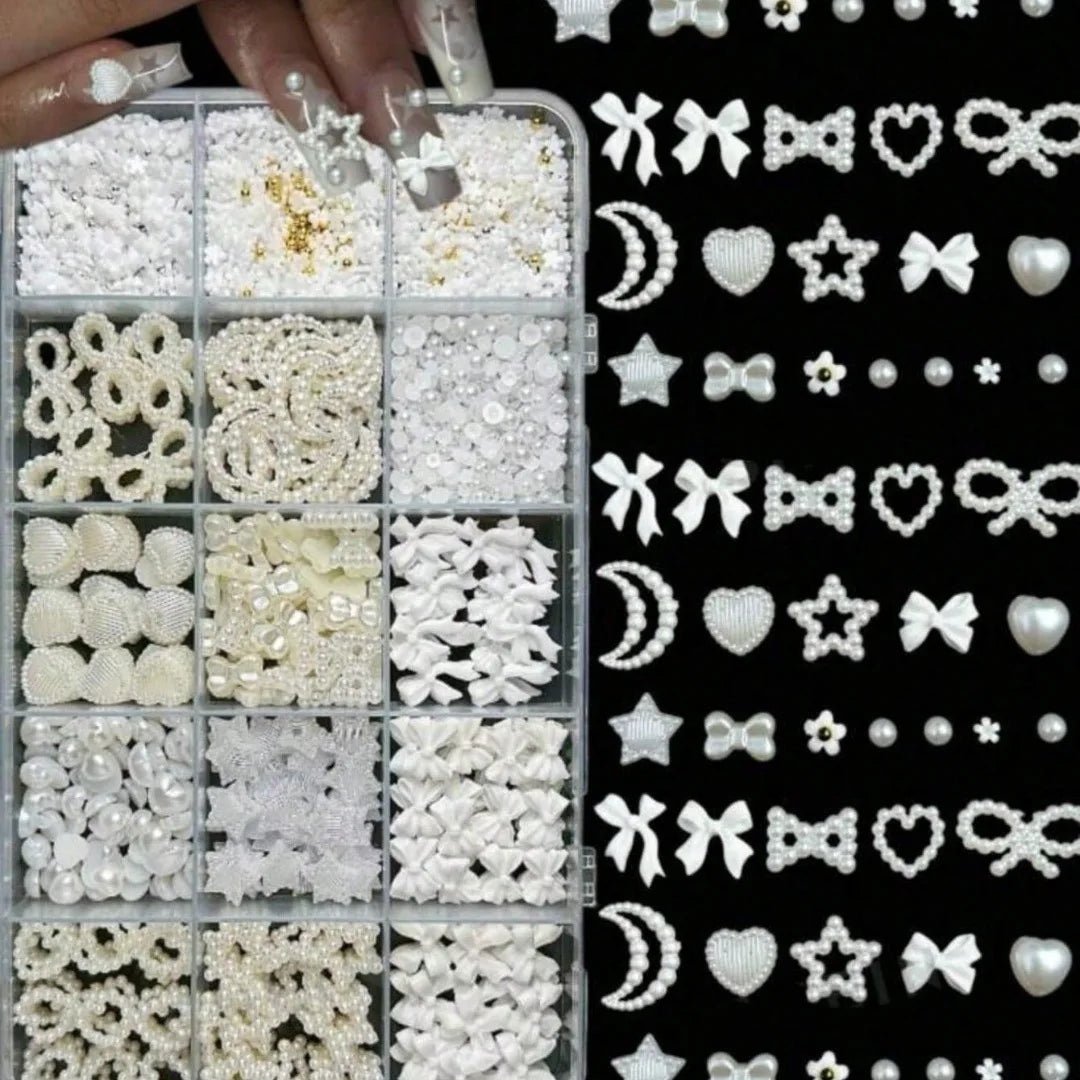 3D Resin Bow Nail Charms 12-Grid Set with Rhinestones & Tweezer Nail Art Charms Nixie black