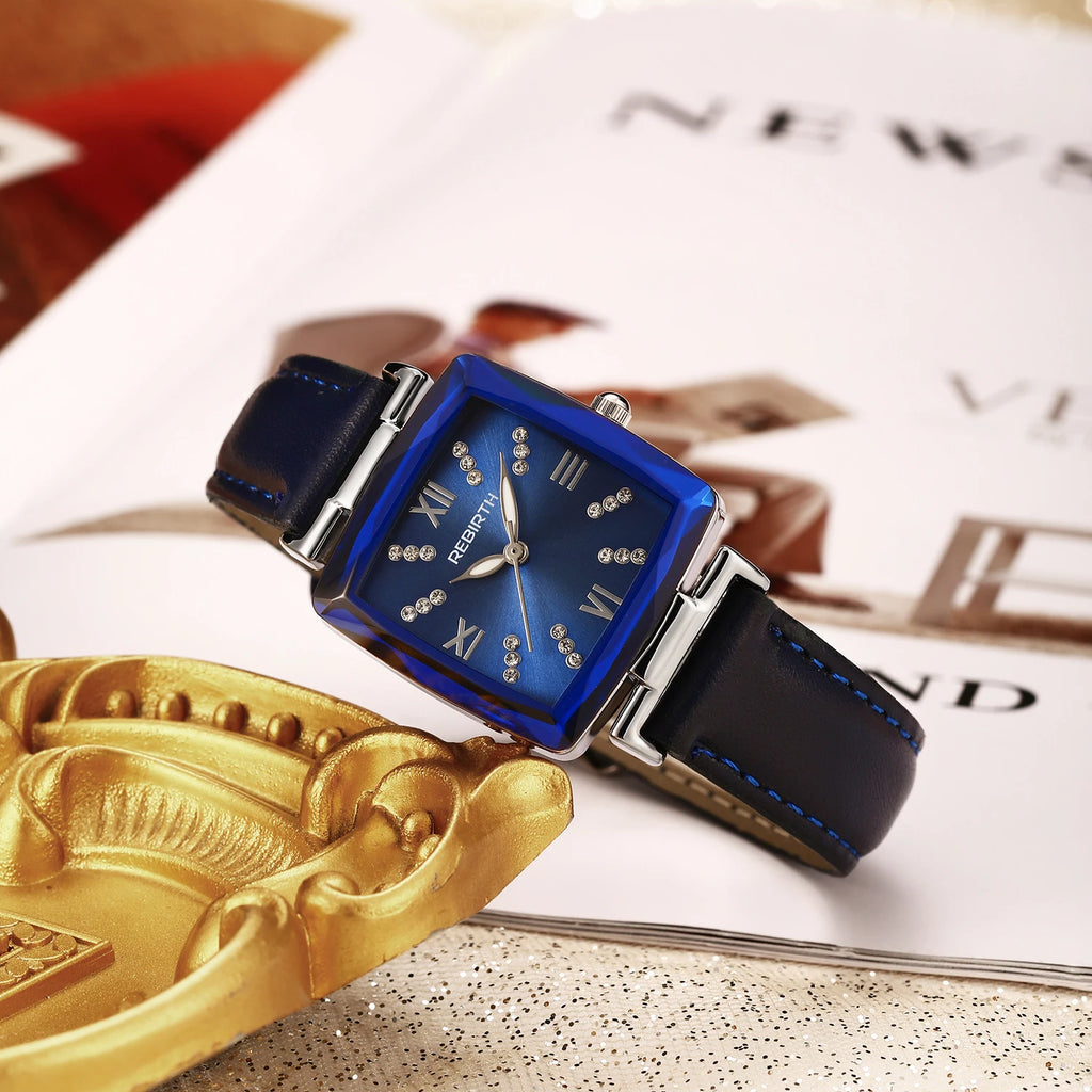 REBIRTH Square Women's Rhinestone Quartz Watch | Leather Band Women's Fashion Watch Nixie