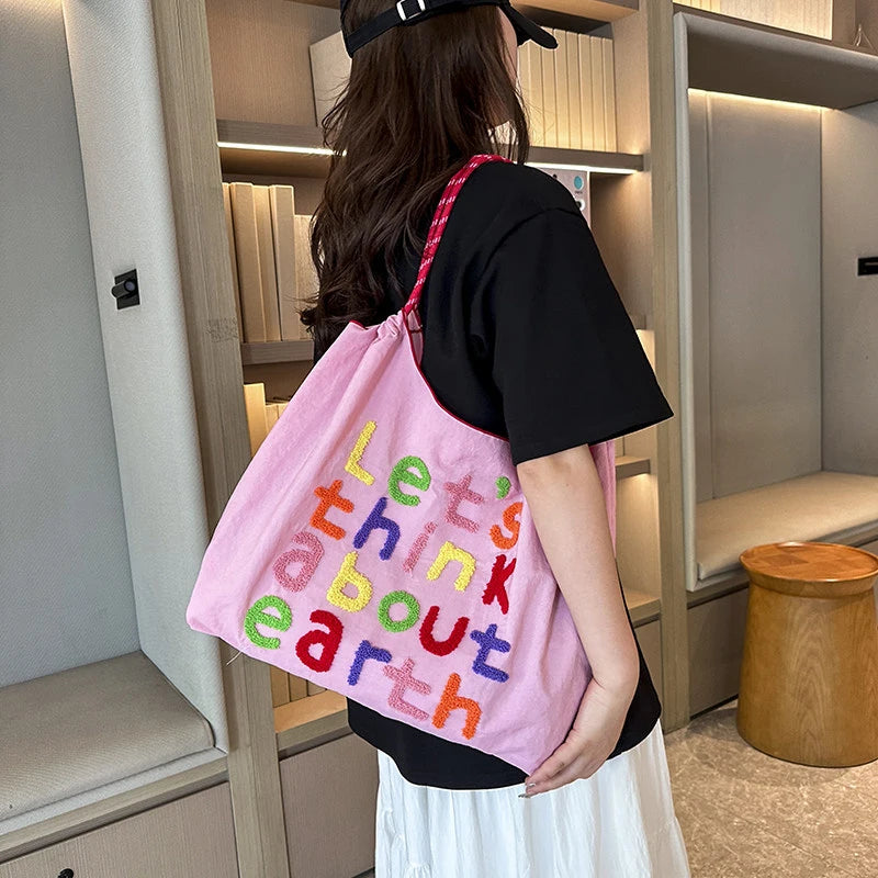 Korean Style Large Canvas Tote Bag – Letter Embroidered Canvas Tote Bag Nixie