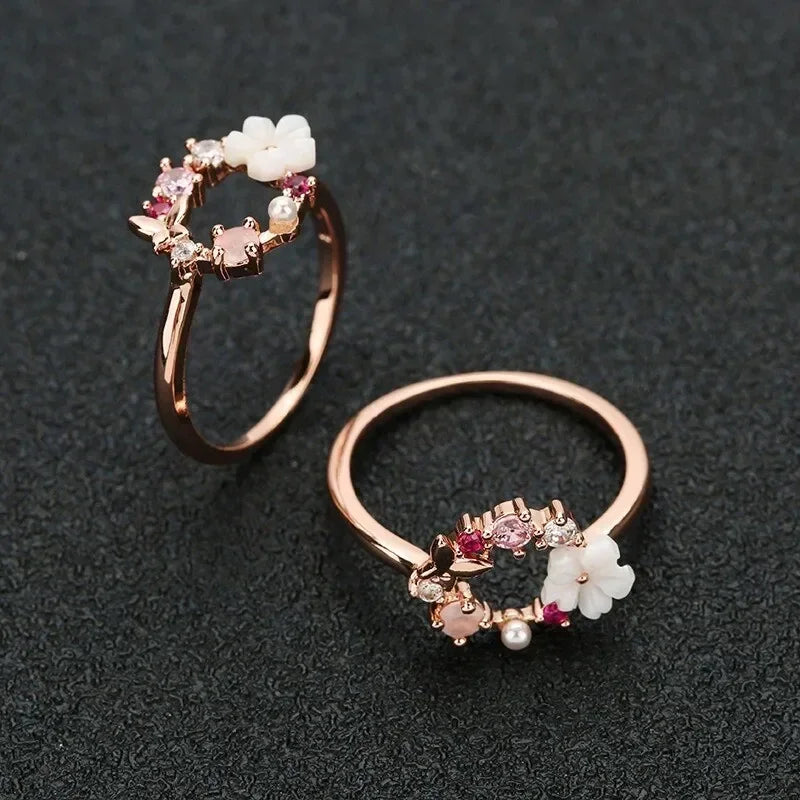 Butterfly Flower Rose Gold Zircon Ring – Sizes 6–10 Fashion Ring Nixie