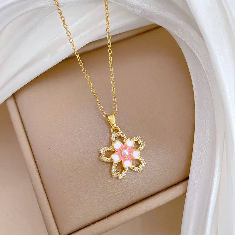 Flower Pendant Choker Necklace – Gold Stainless Steel & Zircon Pendant Choker Necklace Nixie