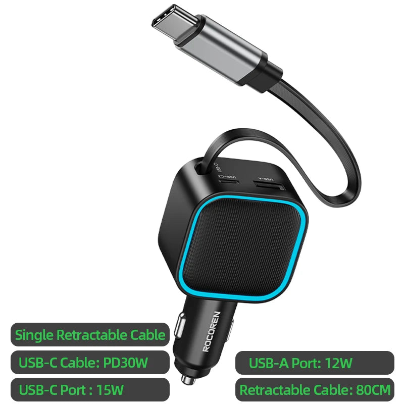 Rocoren 4-in-1 PD 30W Car Charger – Digital Display & Retractable