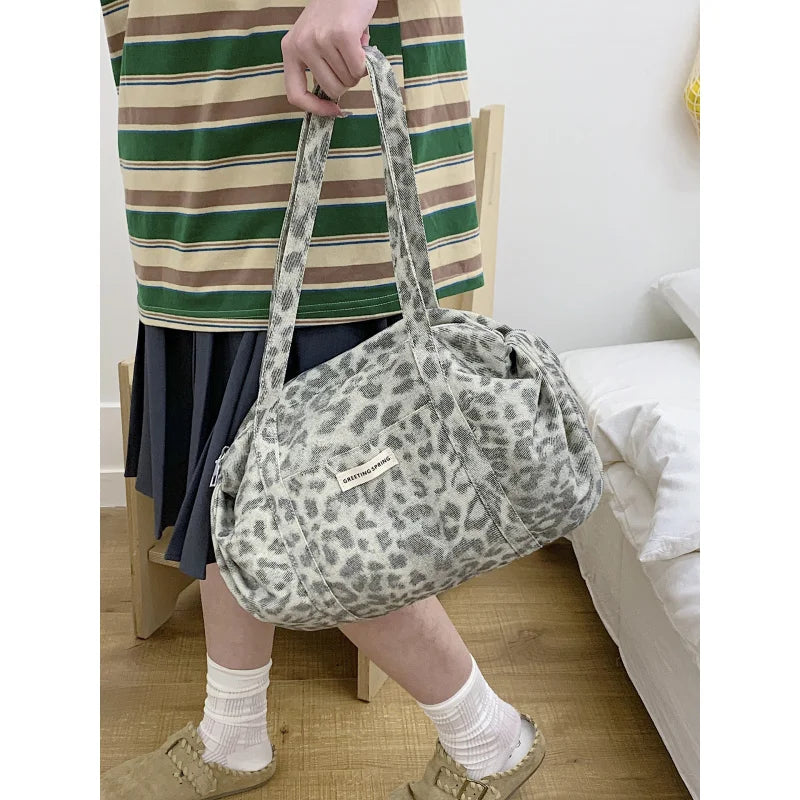 Korean Vintage Leopard Print Canvas Shoulder Bag | Large Capacity Canvas Shoulder Bag Nixie