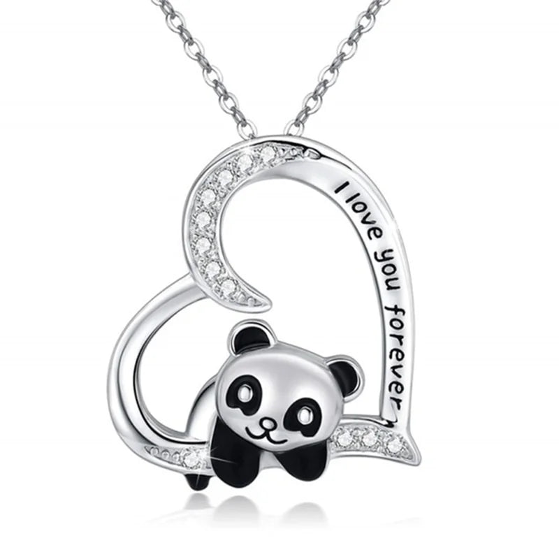 Panda Heart Pendant Necklace – Cute Animal Charm Gift for Women Pendant Necklace Nixie silver