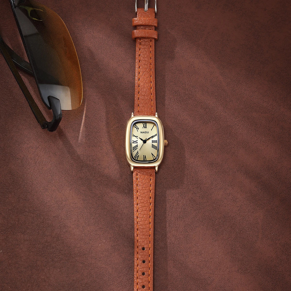 Women's Leather Strap Quartz Watch – Roman Numeral Casual Style Women's Quartz Watch Nixie