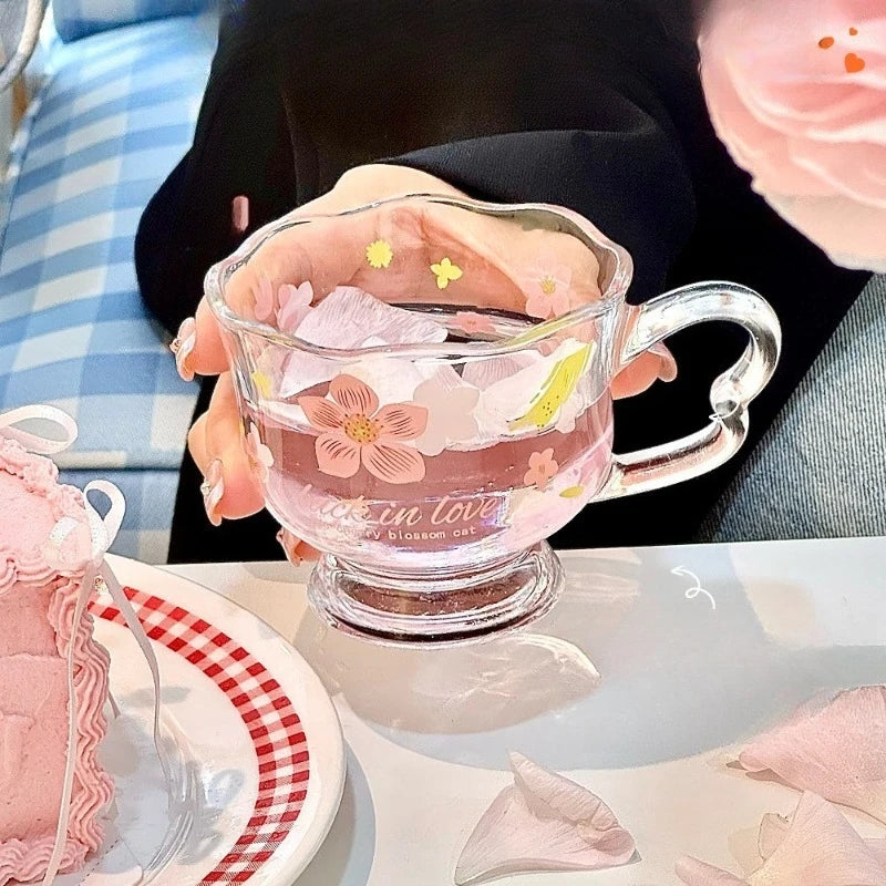 Cherry Blossom Glass Cup with Handle | Tea Coffee Juice Cup Painted Glass Cup Nixie