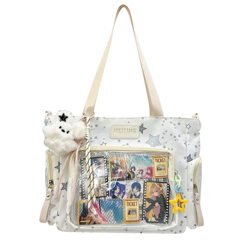 Large Capacity College Tote Crossbody Shoulder Bag – Nylon Tote Shoulder Bag Nixie White (No Charm)
