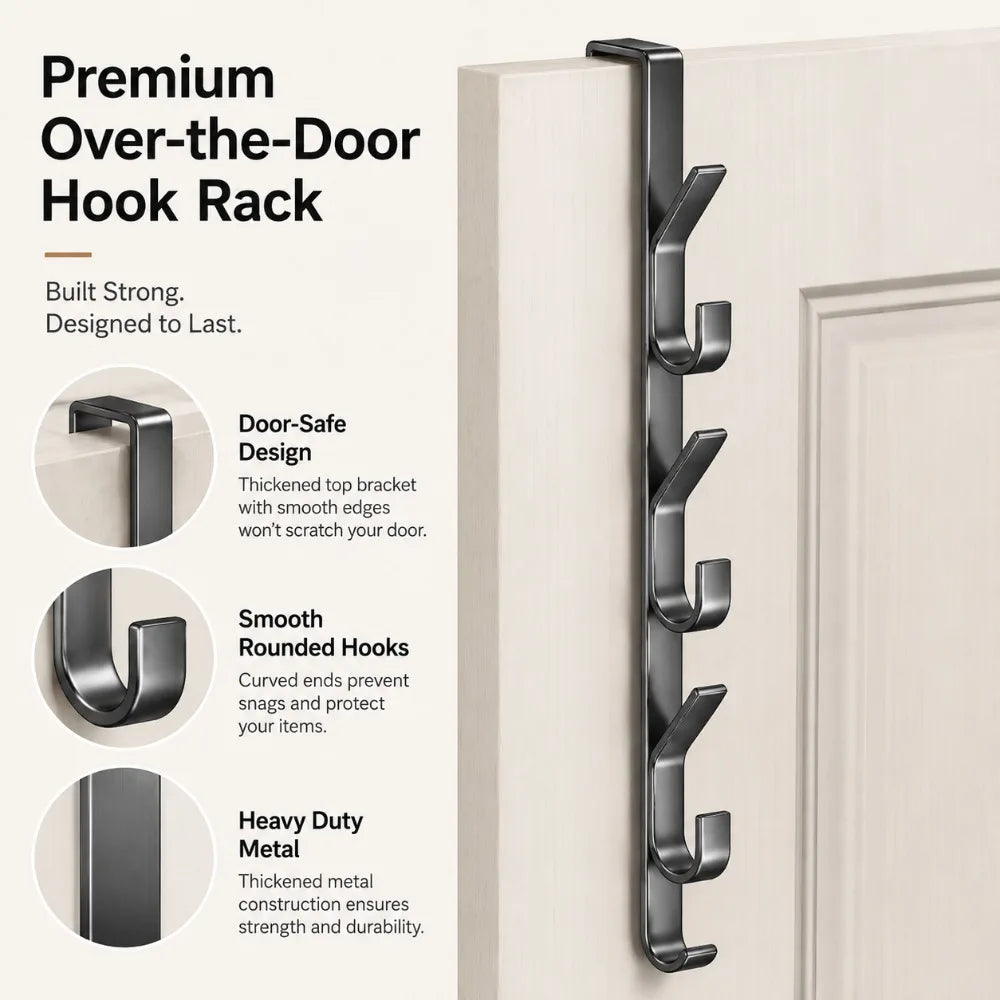 No-Drill Door Back Hook Rack – 3, 5 or 7 Hooks for Storage
