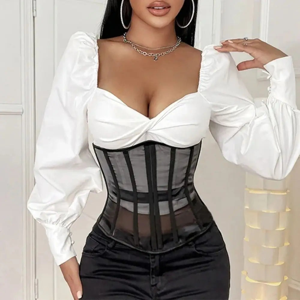 Women's Underbust Corset Lace-Up Black Mesh Waist Cincher Underbust Corset Nixie