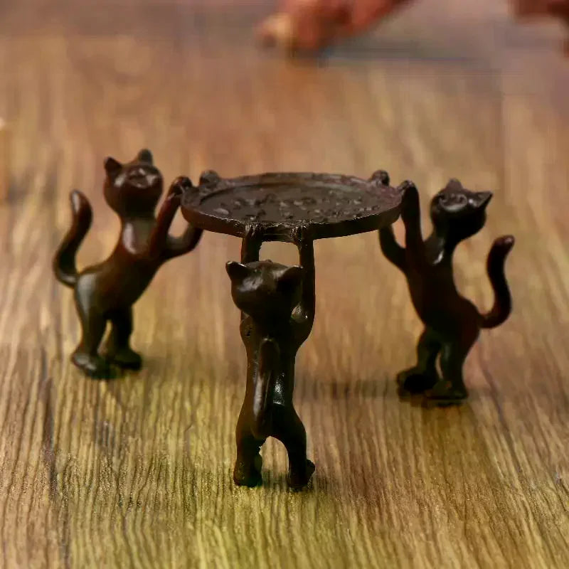 Mini Retro Three-Kitty Bronze Tray – Incense Burner & Candle Holder