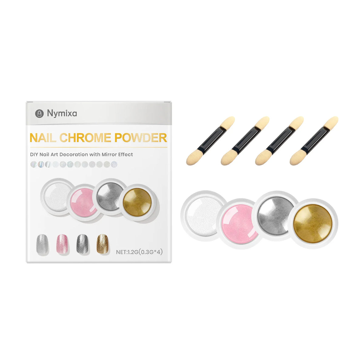 4-Color Mirror Chrome Nail Powder Set with Brushes | DIY Manicure Chrome Nail Powder Set Nixie 4 Colors