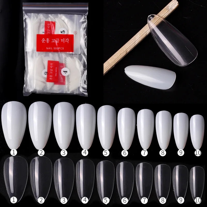 500pcs Clear Acrylic False Nails – Almond Stiletto Full Cover Tips